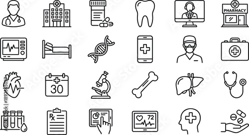 Healthcare and medical line icons set featuring hospital services, doctors, pharmacy, telemedicine, diagnostics, treatment, patient monitoring, laboratory research, dental care, and digital 