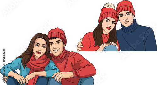 Couple wearing warm winter knit hats and matching turtlenecks posing closely together in two separate intimate portrait illustrations on transparent background. on transparent background