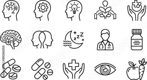 Healthcare and wellness line icons set featuring mental health, brain care, medicine, doctor, sleep, nutrition, vision, treatment, and holistic medical support concepts