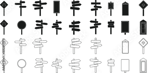 Road sign icon set with directional arrows, blank street signage, traffic wayfinding symbols, isolated black vector illustrations for navigation, travel and urban design projects
