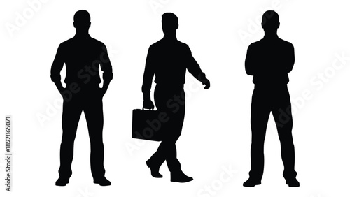 Silhouettes of three men in various poses against a stark white background