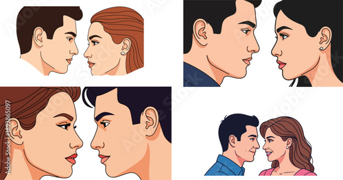 Collection of four distinct couple profile illustrations showing romantic anticipation and deep connection with various artistic styles on transparent background