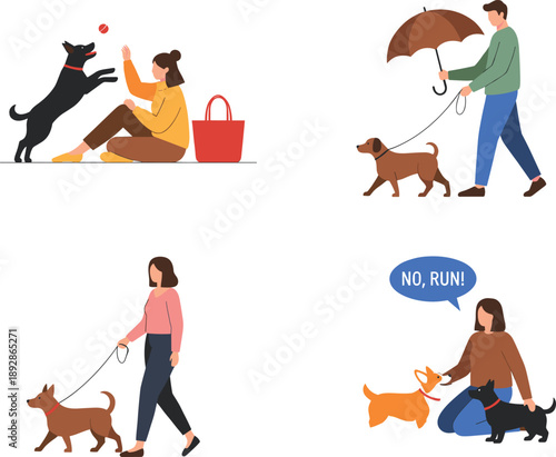 Dog Training and Walking Illustration Set Showing People Caring for Pets, Teaching Commands, and Walking Dogs Outdoors for Pet Lifestyle Design