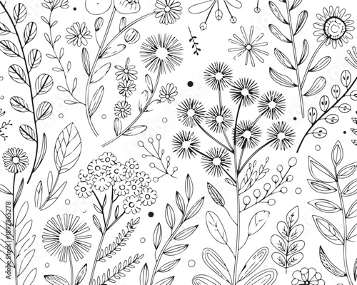 Seamless pattern of hand drawn botanical elements, delicate floral branches, leaves, and small flowers, sketched on transparent grid background, charming nature illustration.