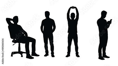 Silhouettes of people in various poses including sitting standing and stretching