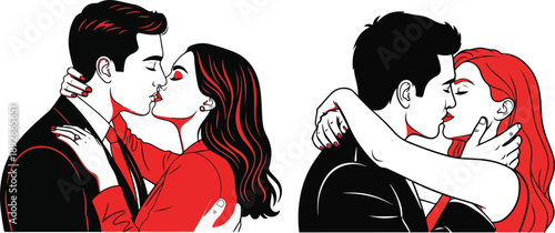 Two passionate couples embracing intimately sharing deep romantic kisses in stylized contrasting black and red on transparent background. on transparent background