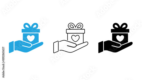 Three gift boxes with hearts on hands in different colors