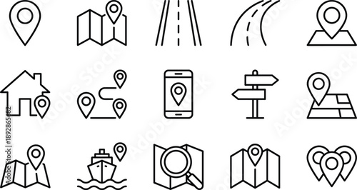 Location and navigation line icons set featuring maps, GPS pins, routes, directions, mobile tracking, travel wayfinding symbols for web, app, UI, and interface design