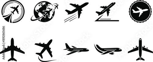 Airplane icon set with travel, aviation and flight symbols, commercial aircraft silhouettes, isolated black vector illustrations for airline, airport and tourism design projects