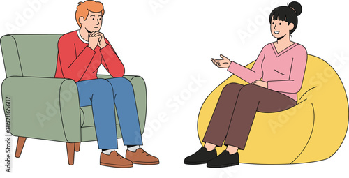 Therapy Session Illustration Showing Man Talking with Female Psychologist in Counseling Chair for Mental Health Support and Psychology Design