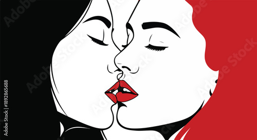 Stylized illustration depicting two women sharing a passionate kiss showcasing love and romance with striking red lips on transparent background