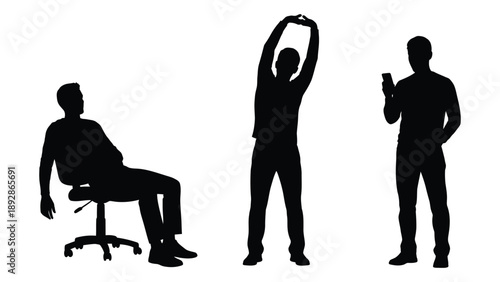 Three black silhouettes depict people in different postures stretching sitting and standing