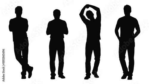 Four black silhouettes of people in different standing poses against a white background