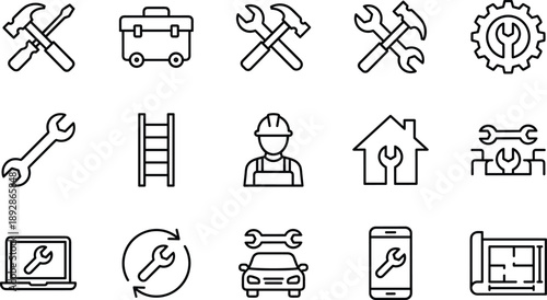 Maintenance and Repair Line Icons Set Featuring Tools, Technician, Home Service, Automotive Repair, Equipment Setup and Technical Support Concepts for Construction, Workshop and Service Design