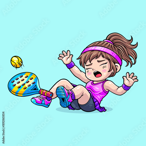 Cute Girl Playing Padel Shown Falling During Play Cartoon Illustration. Padel Player, Child Athlete With Chibi Style