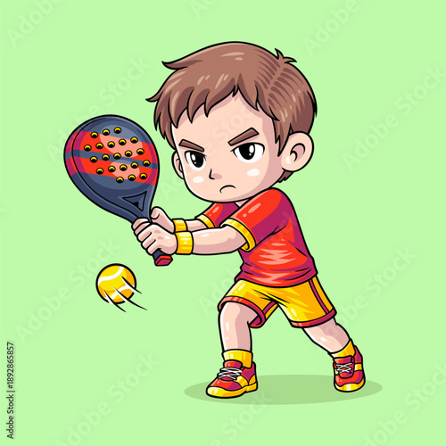 Cute Boy Playing Padel Sport Cartoon Illustration. Padel Player, Child Athlete With Chibi Style