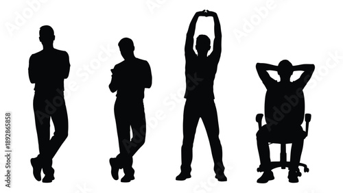 Silhouette series depicting people in various seated and standing postures