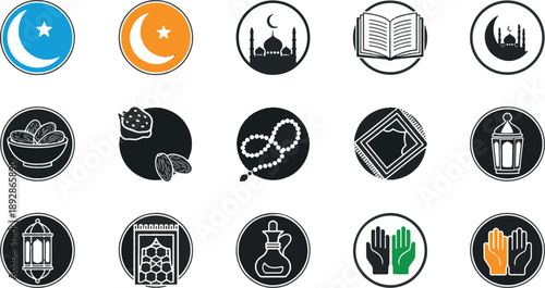 Islamic Ramadan Kareem Icon Set with Crescent Moon, Mosque, Lantern and Dates in Flat Style