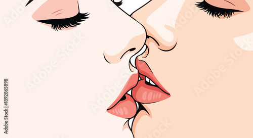 Stylized illustration captures the tender and intimate moment of two women sharing a passionate and gentle kiss on transparent background