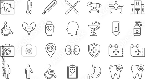 Medical healthcare line icons set featuring hospital equipment, medicine, dentistry, surgery, emergency, patient care symbols for apps, websites, infographics, and user interface design