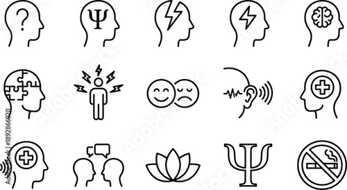 Mental health and psychology line icons set illustrating brain, emotions, stress, therapy, mindfulness, communication, hearing care, psychiatry, and psychological wellness concepts for healthcare 