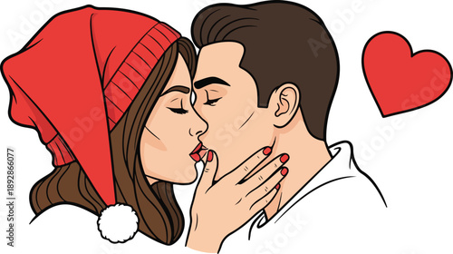 Romantic pop art illustration of a couple sharing a sweet, tender kiss while celebrating a loving moment on transparent background