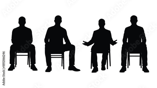 Four silhouetted figures seated in chairs demonstrating different postures and gestures