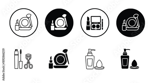 A collection of black and white makeup icons and beauty products