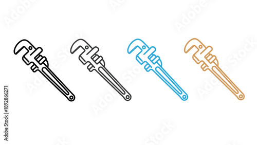 Four colorful adjustable wrenches on a plain white background
