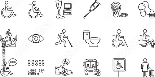 Minimal disability and accessibility line icons set illustrating wheelchair users, assistive devices, inclusive healthcare, mobility aids, public services, rehabilitation, and universal 