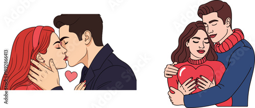 Charming romantic couple sharing tender moments of deep affection and passionate kissing illustration on transparent background