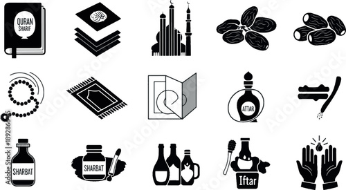 Islamic Ramadan Icon Bundle with Quran, Mosque, Lantern, Prayer Rug and Miswak