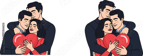 Loving gay couple embracing tightly while jointly holding a large red heart symbolizing deep romantic commitment on transparent background