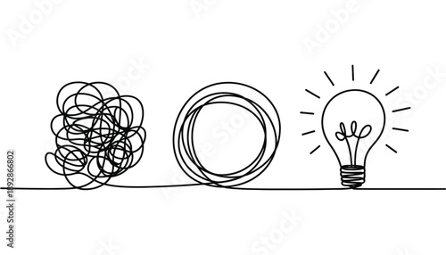 Lightbulb Line Drawing Illustration, black tangled string leading to glowing bulb on white background representing creativity and idea concept.