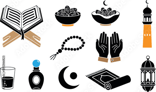 Comprehensive Islamic Ramadan Icon Set with Quran, Mosque, Lantern, Prayer Rug and Dates