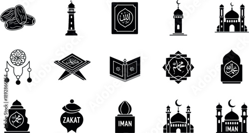 Islamic Ramadan Icon Bundle with Quran, Mosque, Prayer Rug, Dates and Zakat