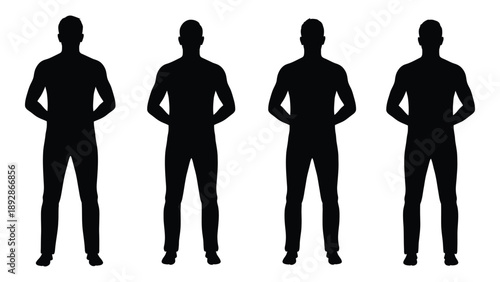 Four identical black silhouettes of men standing in a row facing forward