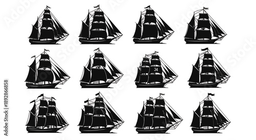 Collection of Black Sailing Ship Silhouettes tall ship
