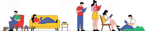 People Reading Books Illustration Set Showing Men and Women Enjoying Reading at Home, Outdoors, and Relaxing Spaces for Education and Lifestyle Design