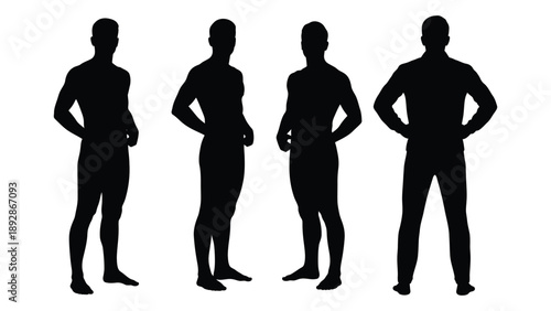 Four silhouetted male figures stand in a row hands on hips