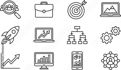 Modern business and startup icon set illustrating strategy, goals, analytics, growth charts, teamwork, finance, organization, and digital performance symbols in clean outline style for web and app 