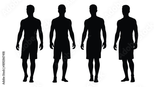 Five male silhouettes stand uniformly against a plain white background