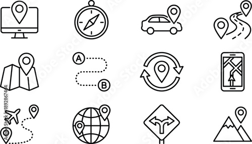 Modern navigation and location icon set featuring GPS, maps, routes, compass, travel, direction pointers and destination symbols in clean outline vector style.