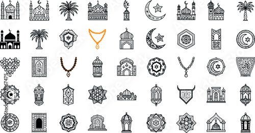 Islamic Religious Icon Bundle for Ramadan Kareem and Eid Mubarak Featuring Mosque, Holy Quran, Lanterns, Tasbih, and Crescent Moon Elements