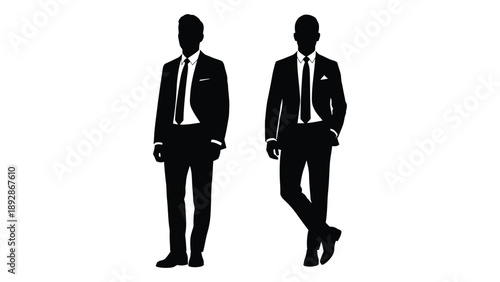 Two suited men are depicted in a stark black silhouette against a white background