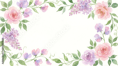 Watercolor Floral Frame with Pink Roses and Digital Lavender Lilacs – Elegant Hand-Painted Botanical Border for Spring  Wedding Invitations