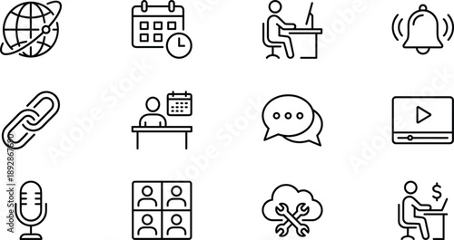 Modern remote work and online communication icon set featuring scheduling, video meetings, messaging, productivity, cloud tools and digital collaboration symbols in clean outline vector style.