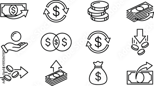 Money and cash flow line icons set illustrating income, expense, savings, currency exchange, payments, transfers, profit growth, and financial transactions for business design