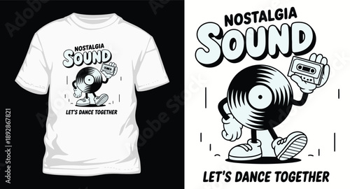 Nostalgia sound vintage character design with vinyl record mascot holding cassette tape for retro lovers