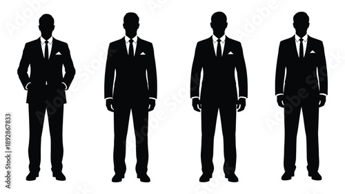 Four silhouetted figures of men in suits standing in a row
